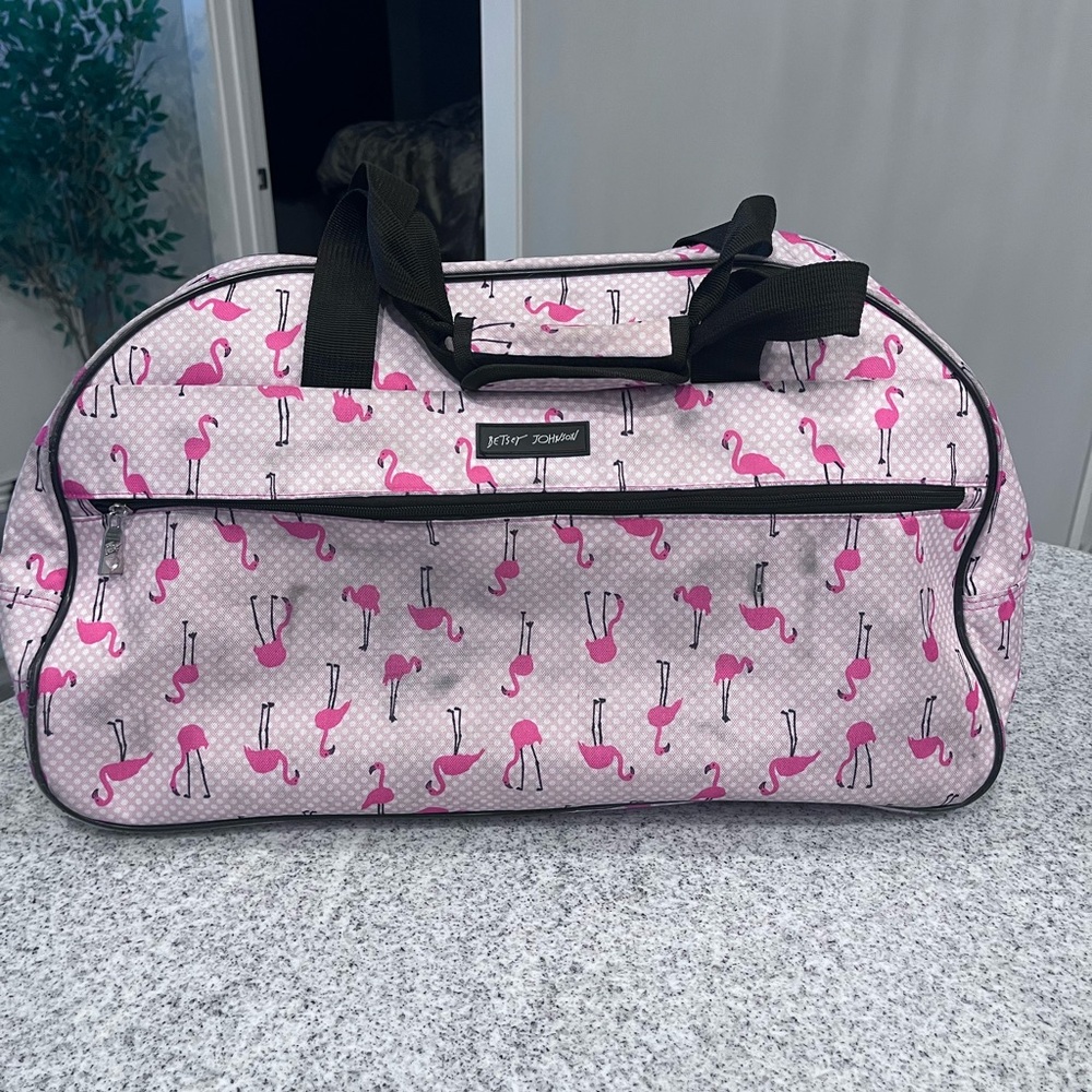 Betsy Johnson Pink Flamingo Rolling Travel Weekender Bag - Picture 3 of 10